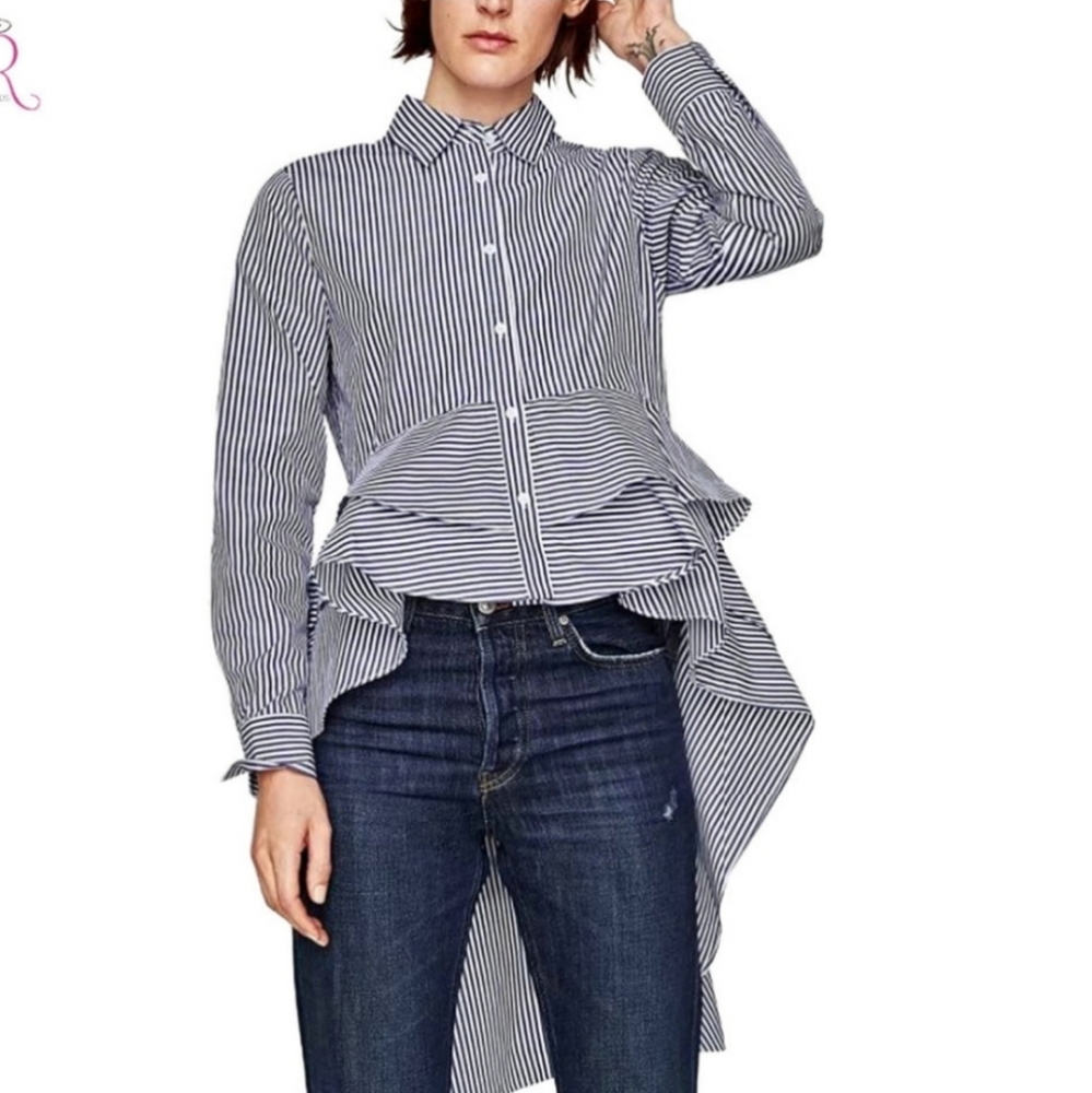 Zara Blue White Pin Striped High Low 'Tail Coat' Style Shirt